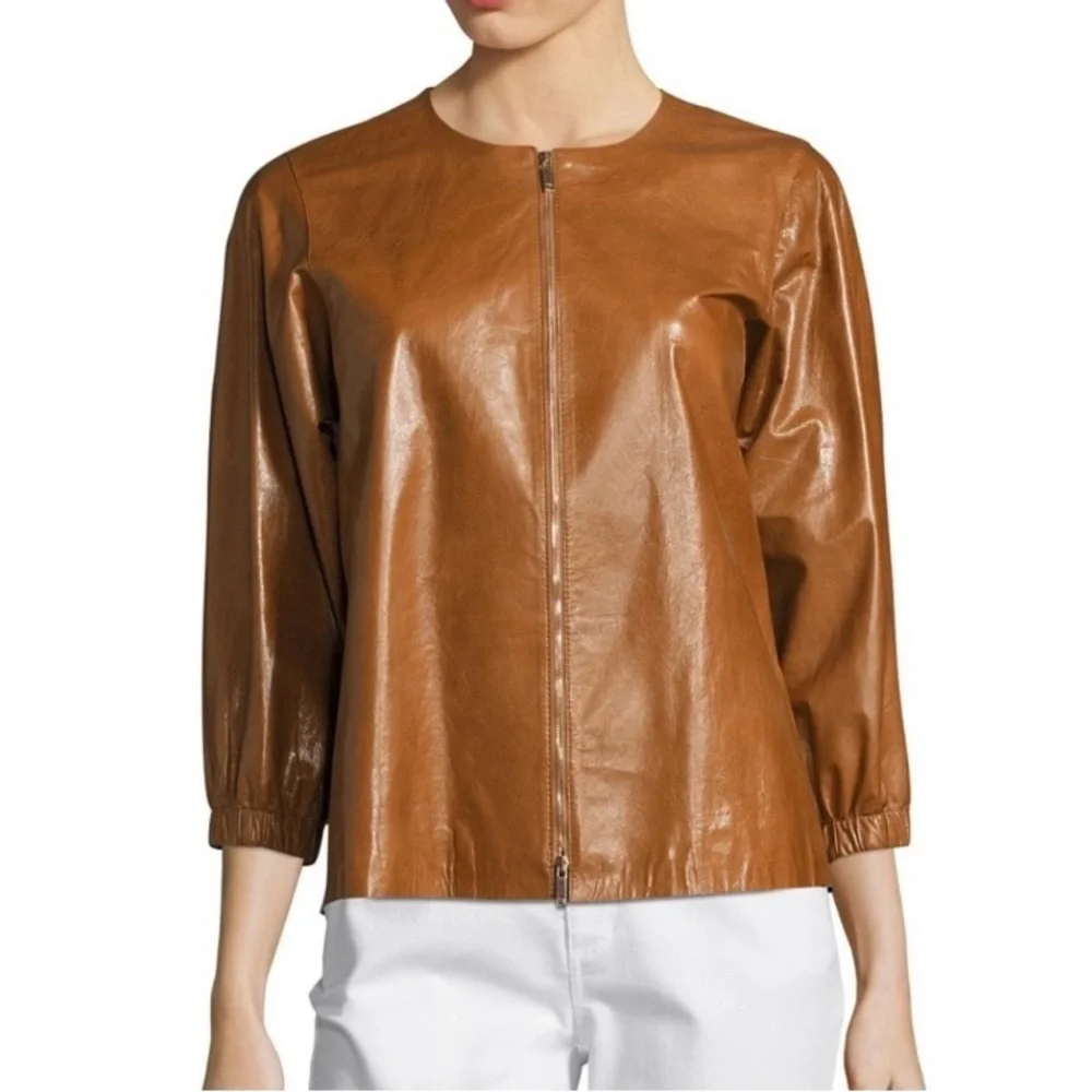 Lafayette 148 New York Brown Wylie Leather Jacket Size L NWT